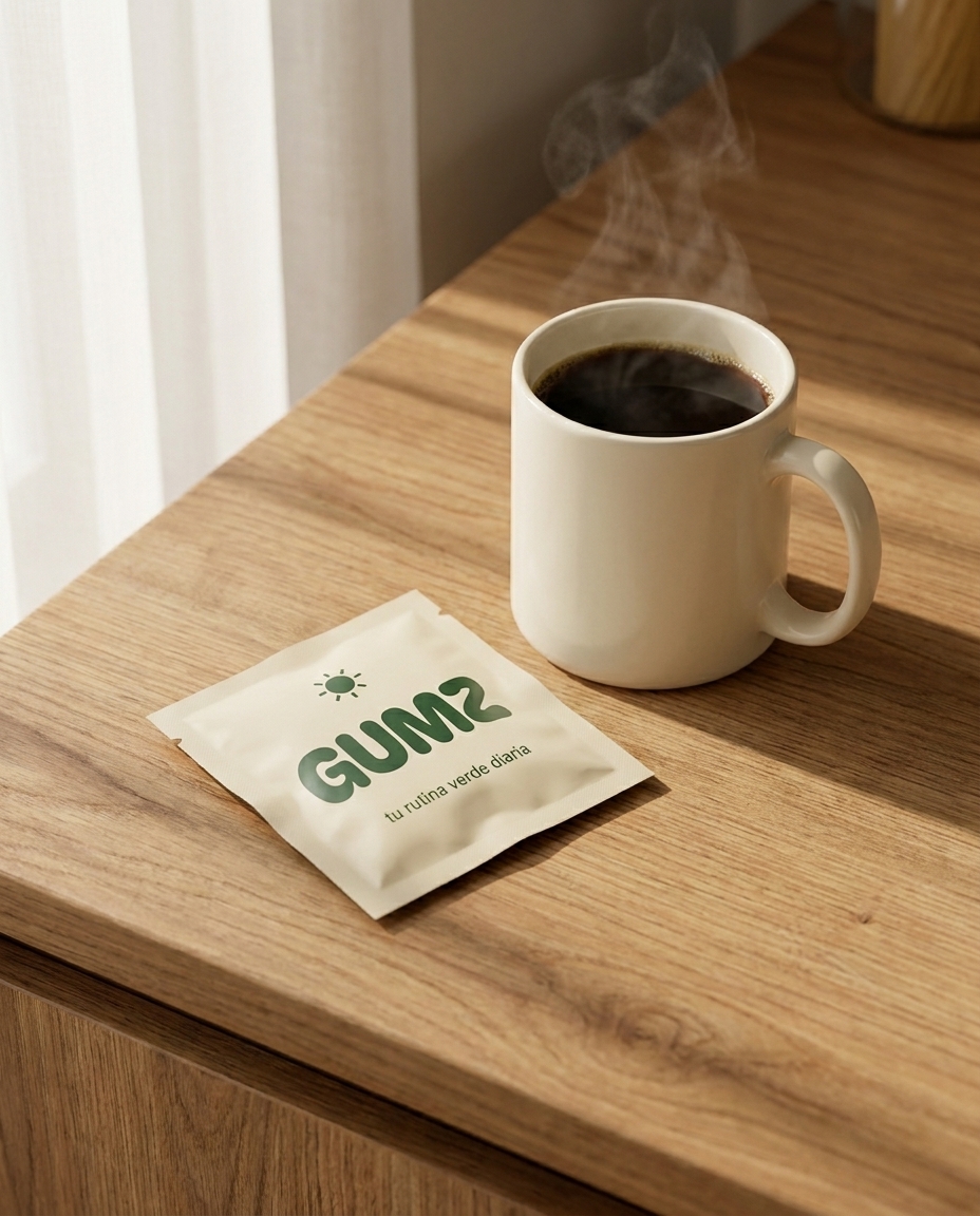 Sobre GUMZ junto a taza humeante de café en mostrador