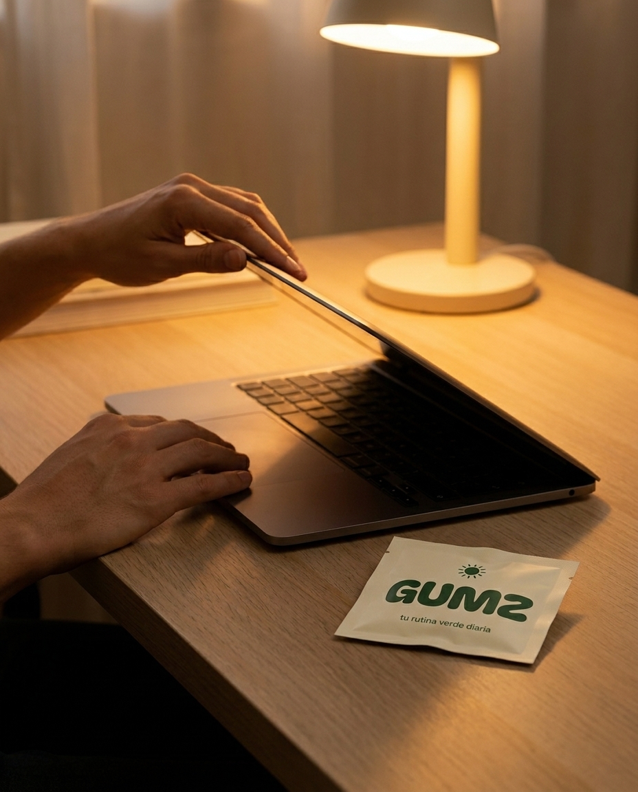 Manos cerrando la laptop con sobre GUMZ al lado